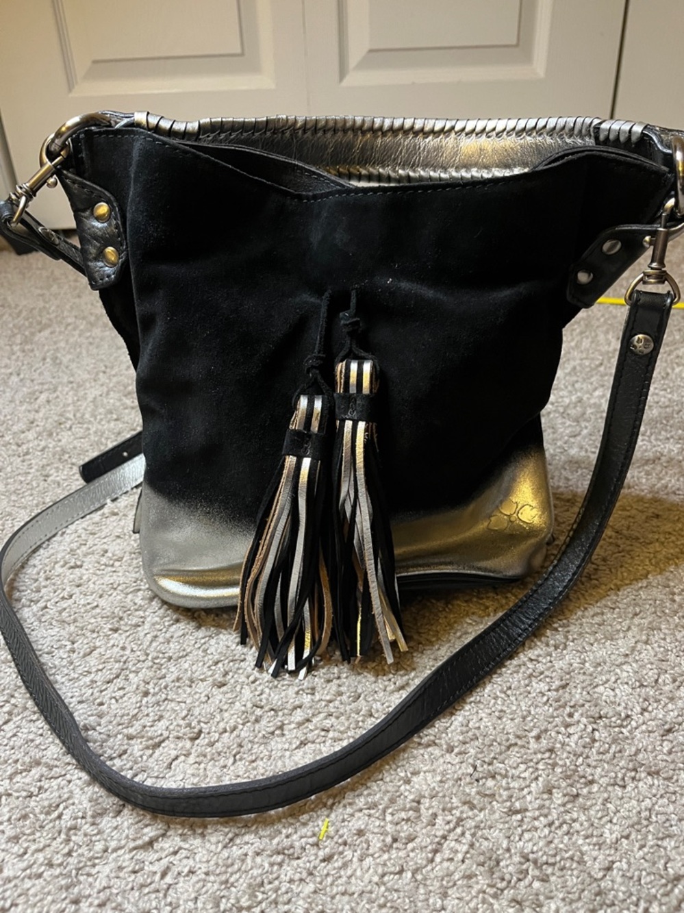 Patricia Nash Otavia Metallic Dip Dye Bucket Bag Black Silver  Suede Tassel